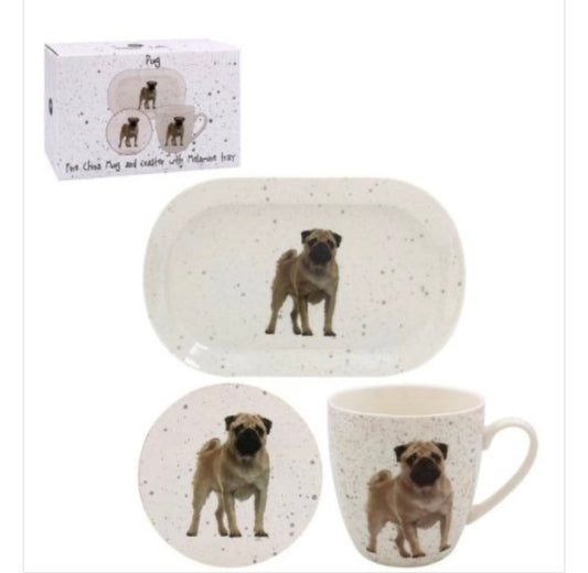 PUG MUG, COASTER AND  TRAY, 21CM